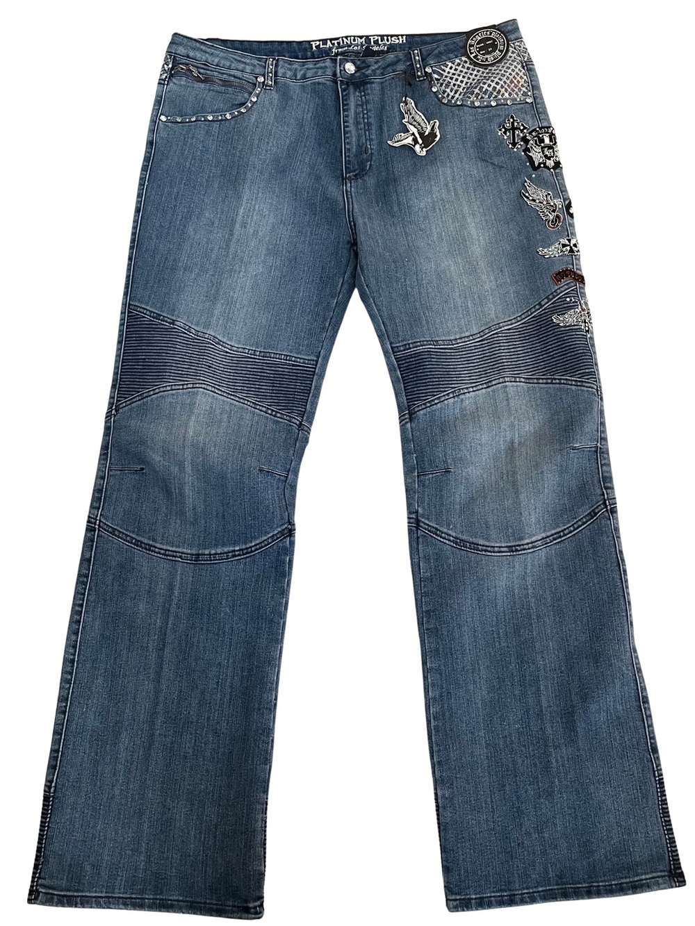 NWT Platinum Plush From Los Angeles Biker Embellished Size 25 Boot Cut Y2K Jeans